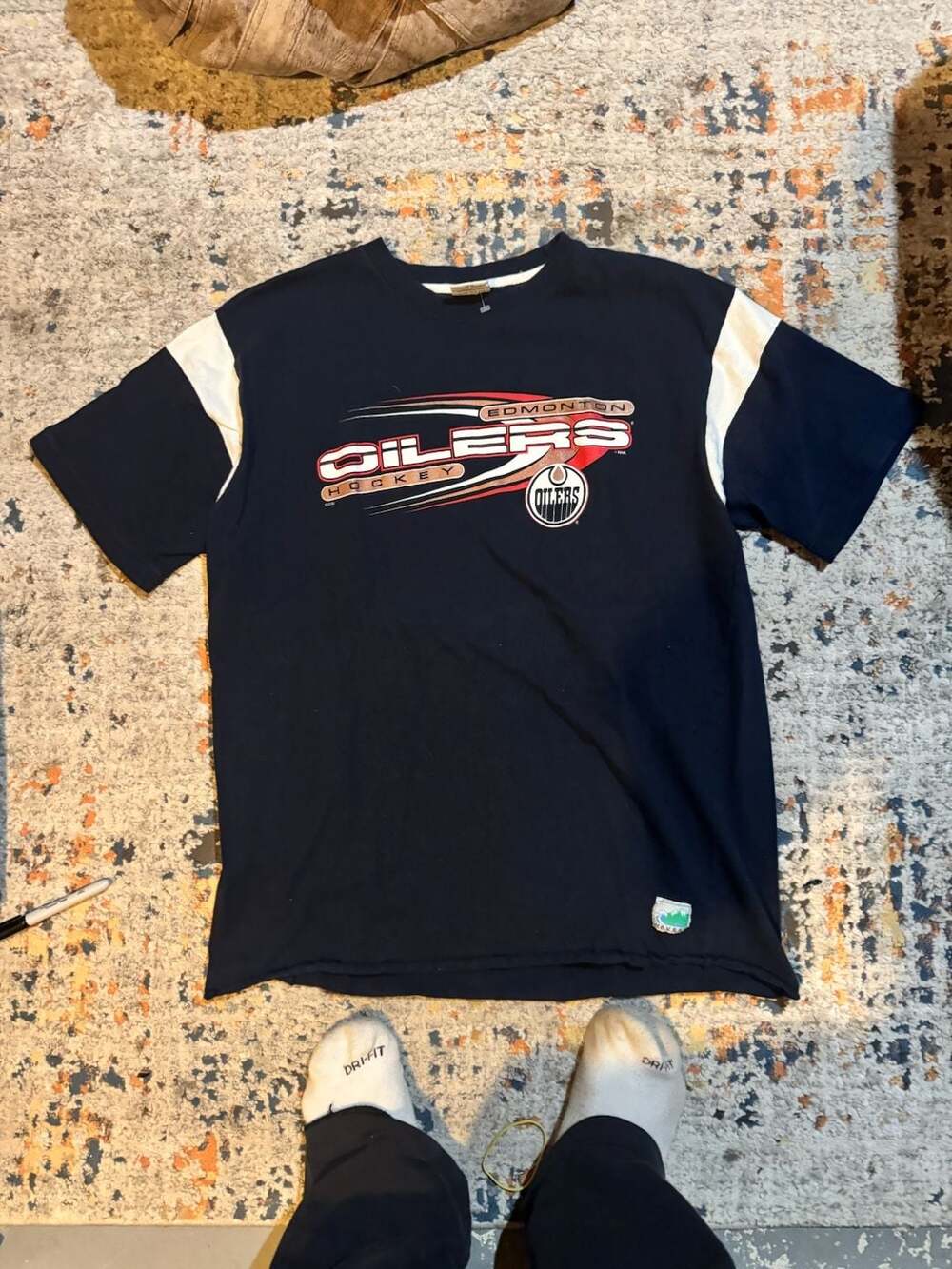 Vintage 90s Waves Edmonton Oilers NHL Colorblock Graphic T-Shirt Size XL